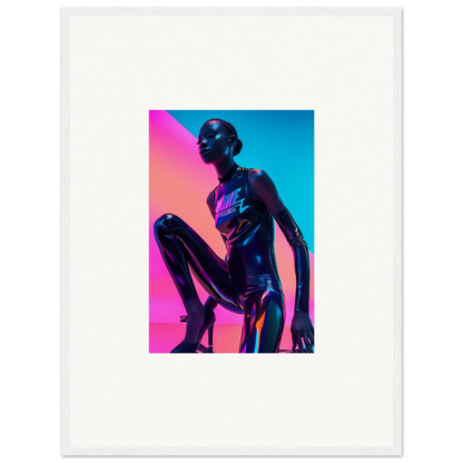 Stylized metallic humanoid figure in neon symphony room decor framed wall art