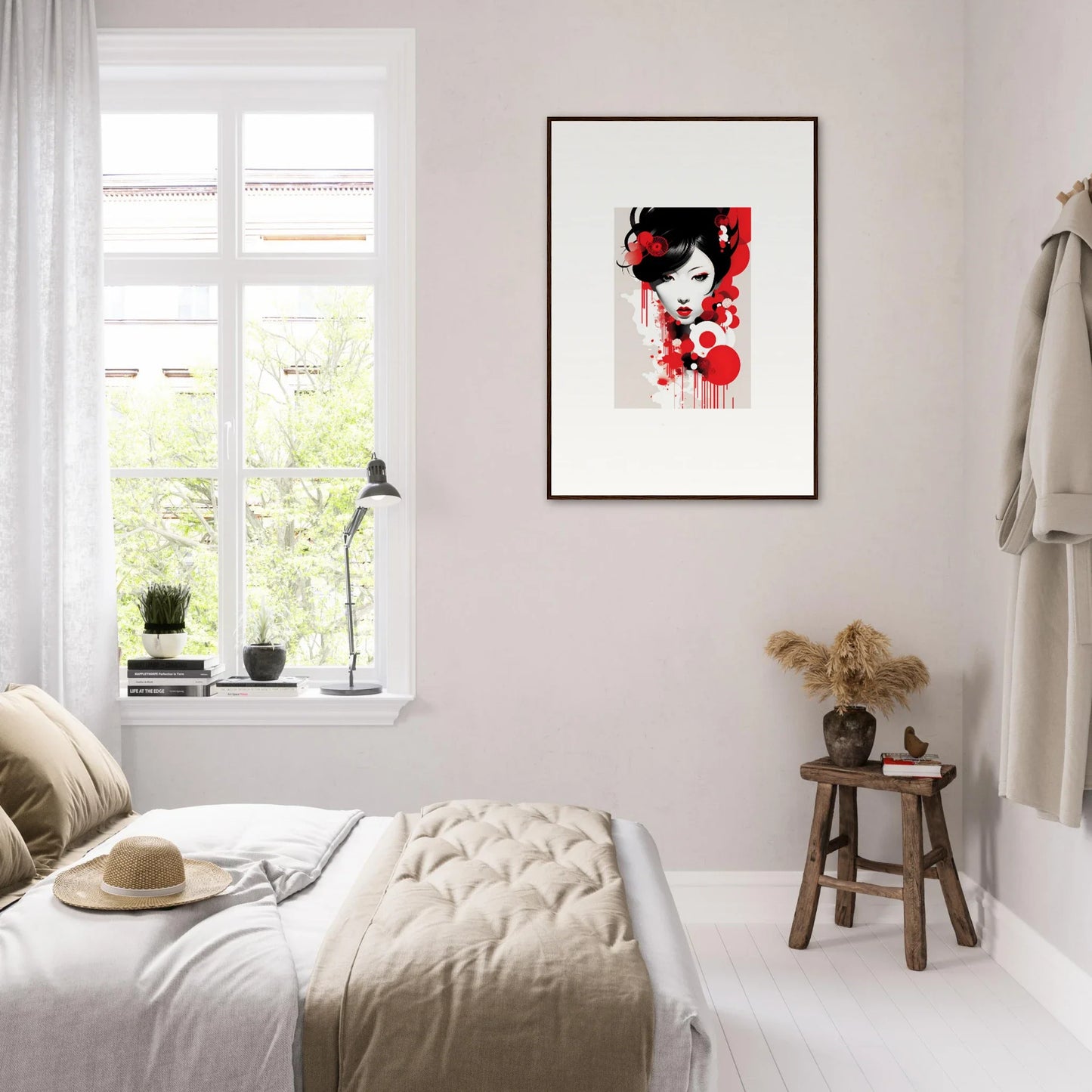 Stylized portrait artwork in red and black for unique room decor and Framed Wall Art