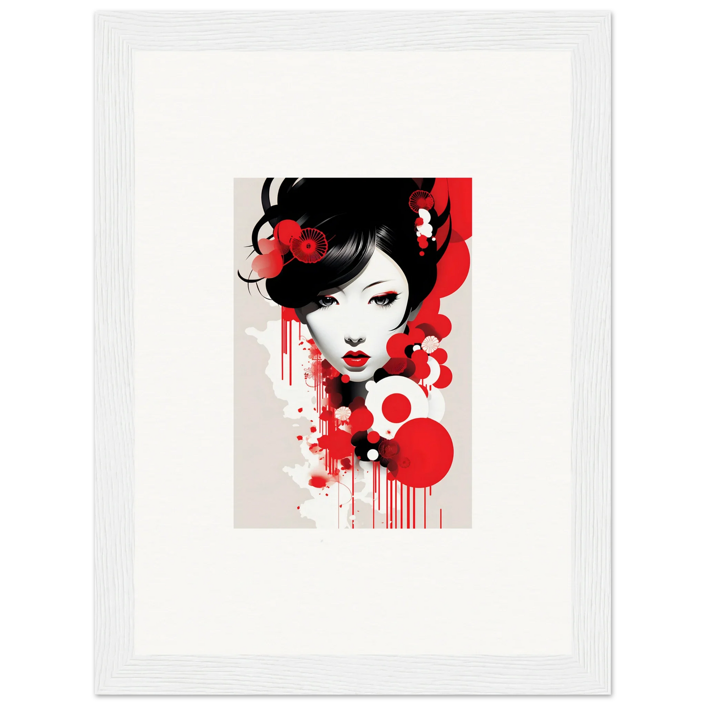 Stylized portrait of a woman with black hair and red accents for visions blooming wall decor