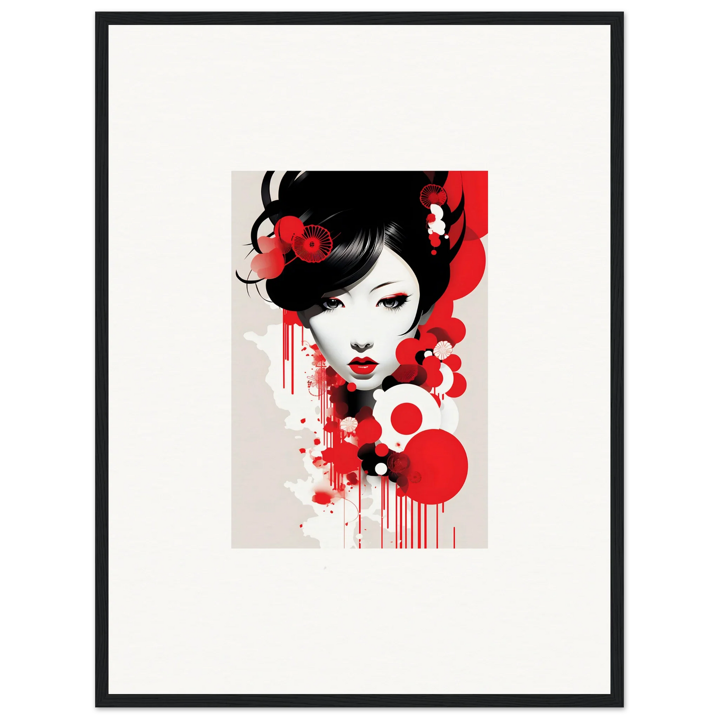 Stylized portrait of a woman with black hair and red accents for Visions Blooming room decor