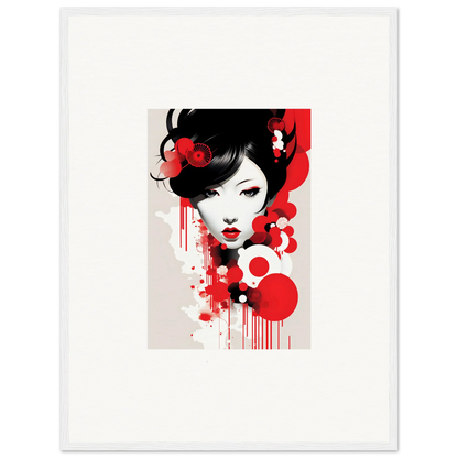 Stylized portrait of a woman with black hair and red accents for Visions Blooming room decor