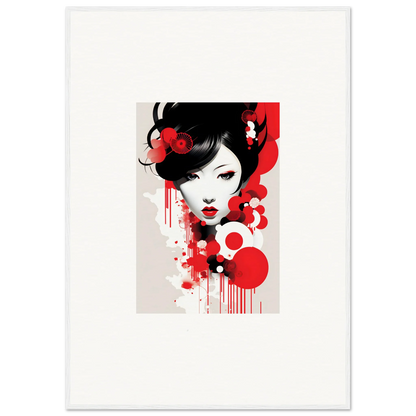 Stylized portrait of a woman with black hair and red accents for visions blooming room decor