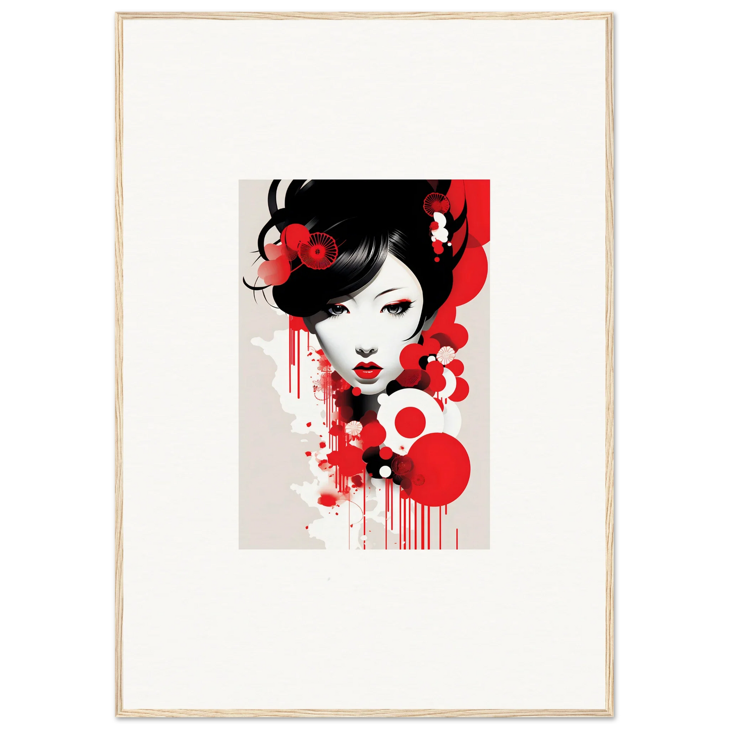 Stylized portrait of a woman with black hair and red accents for Visions Blooming room decor