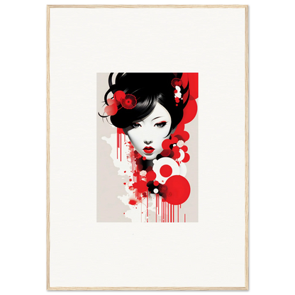 Stylized portrait of a woman with black hair and red accents for Visions Blooming room decor