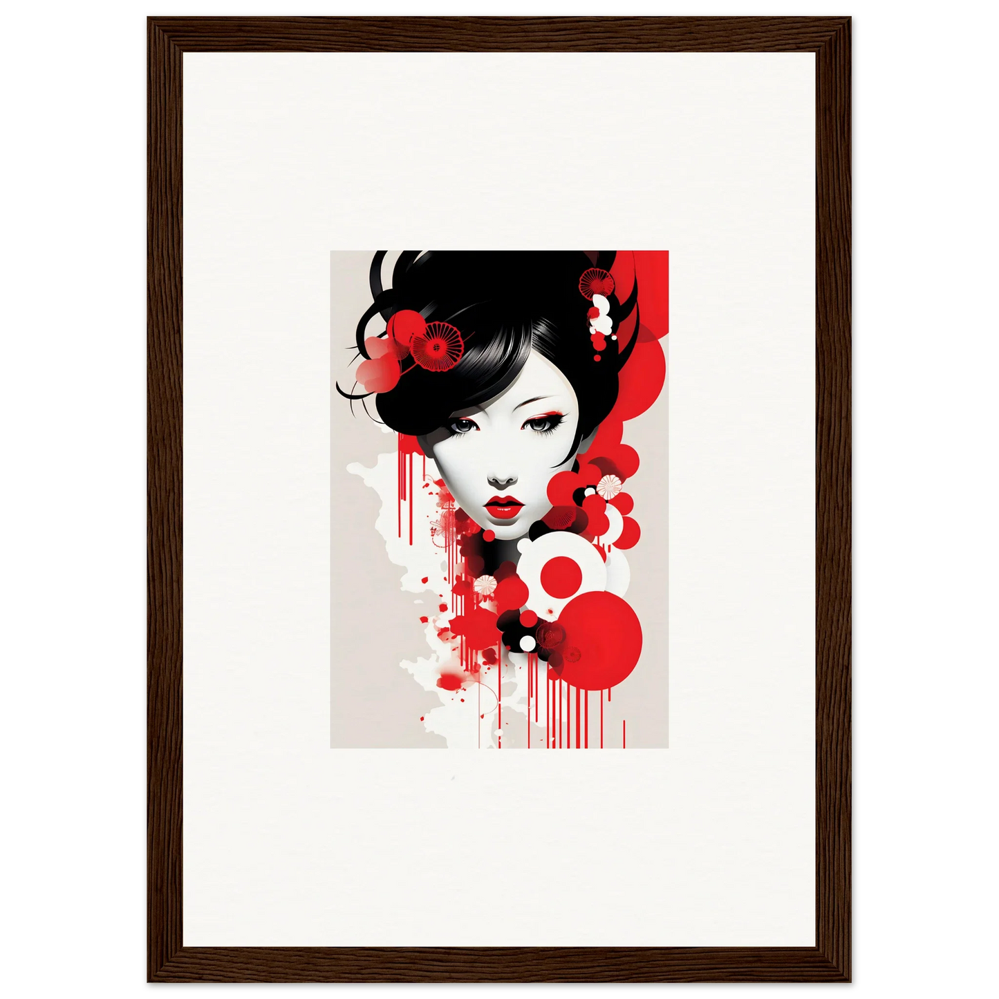 Stylized portrait of a woman with black hair and red accents for Visions Blooming wall art