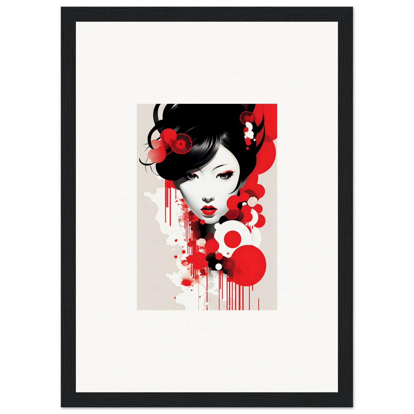 Stylized portrait of a woman with black hair and red accents for Visions Blooming wall art