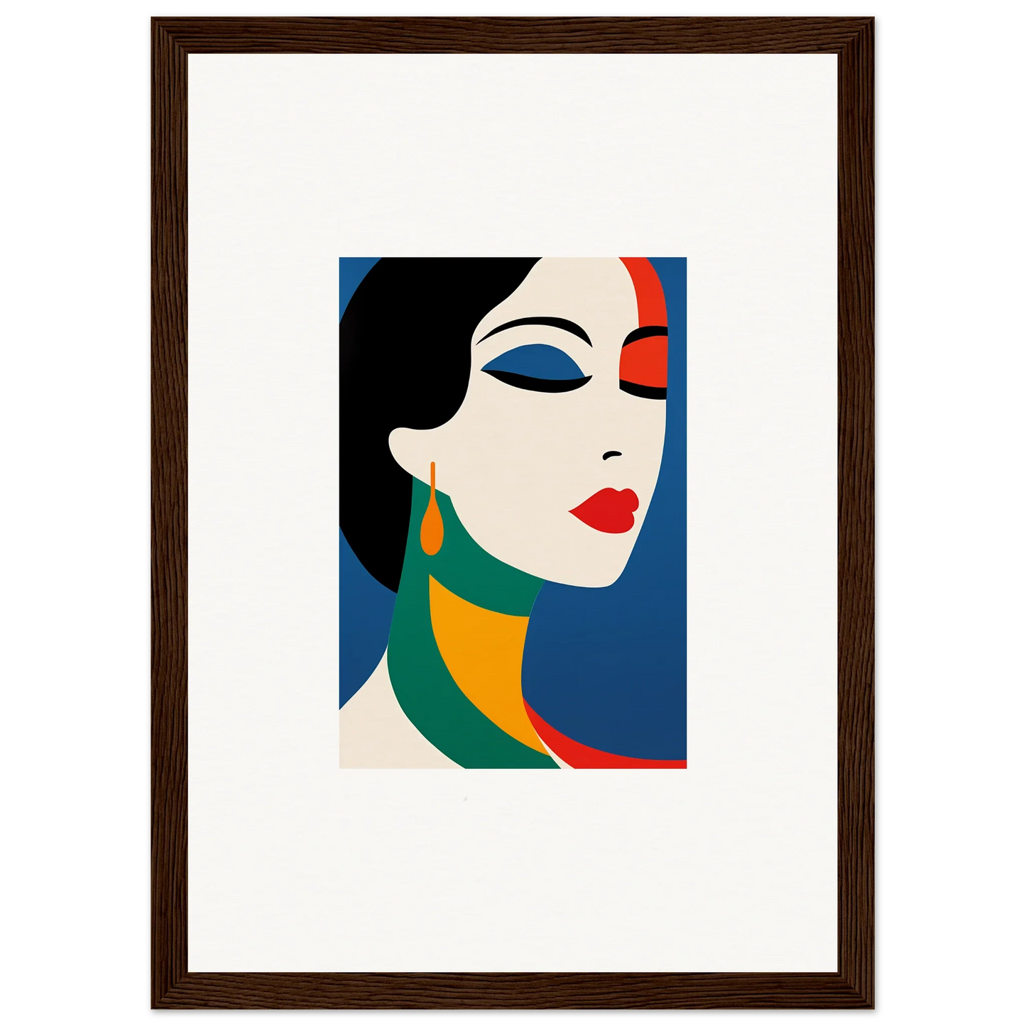 Stylized portrait of a woman in bold geometric shapes for Prism Reverie room decor