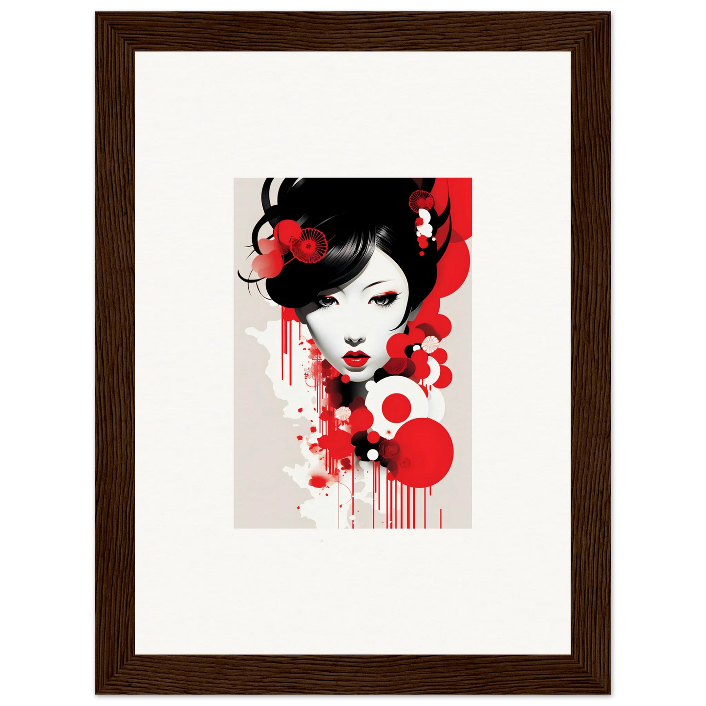 Stylized portrait of a woman with red and black for Visions Blooming room decor