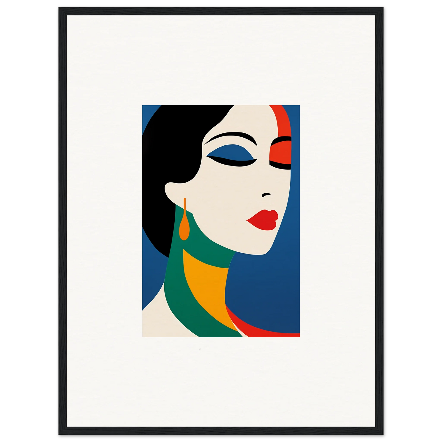 Stylized portrait of a woman’s face in bold colors for Prism Reverie wall art decor