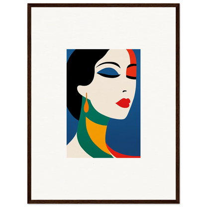 Stylized portrait of a woman in colorful geometric shapes for Prism Reverie room decor