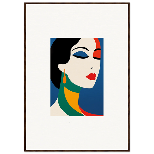 Stylized portrait of a woman’s face in colorful geometric shapes for Prism Reverie room decor