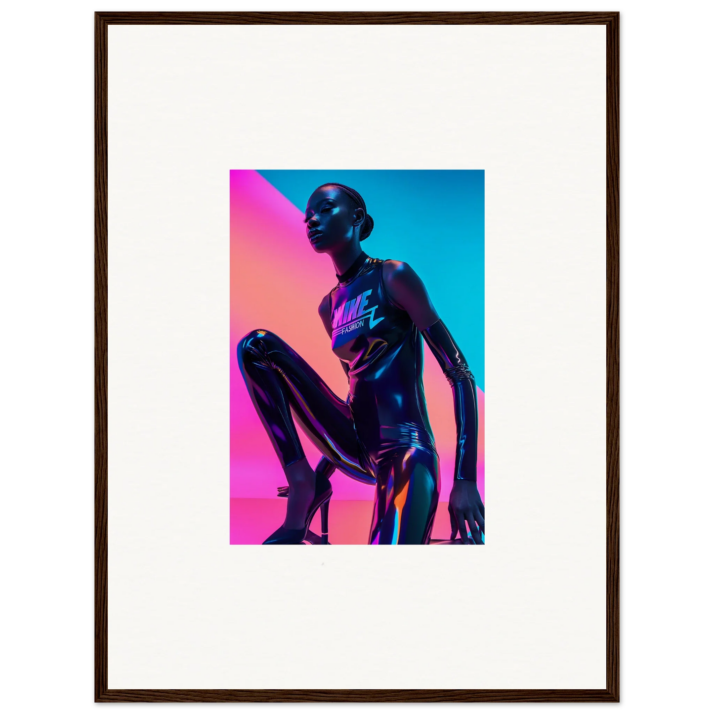 Stylized silhouette in vibrant pink and blue lighting for Neon Symphony wall art