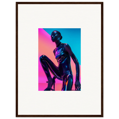 Stylized silhouette in vibrant pink and blue lighting for Neon Symphony wall art