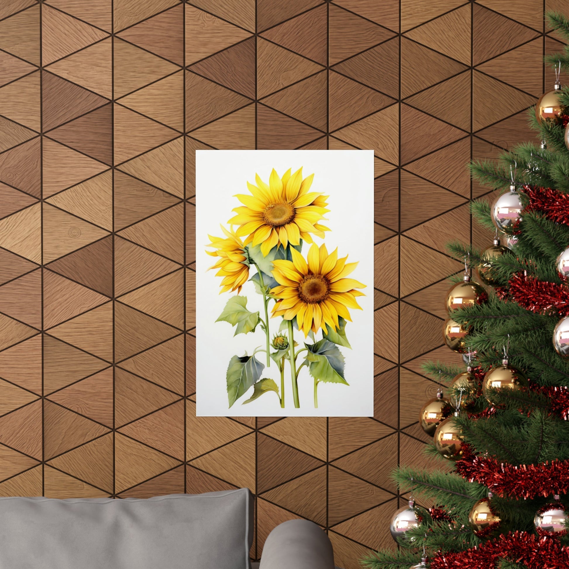 A sunflower on a wall with a christmas tree in the background