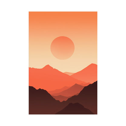 A sunset with mountains and a sun in the background