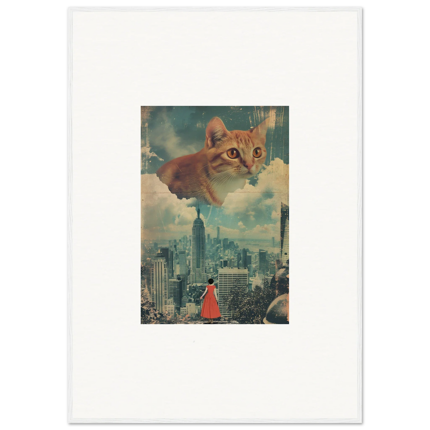 Surreal collage of giant orange tabby cat over cityscape, perfect for cloud ascent room decor