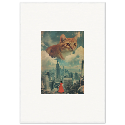 Surreal collage of giant orange tabby cat over cityscape, perfect for cloud ascent room decor