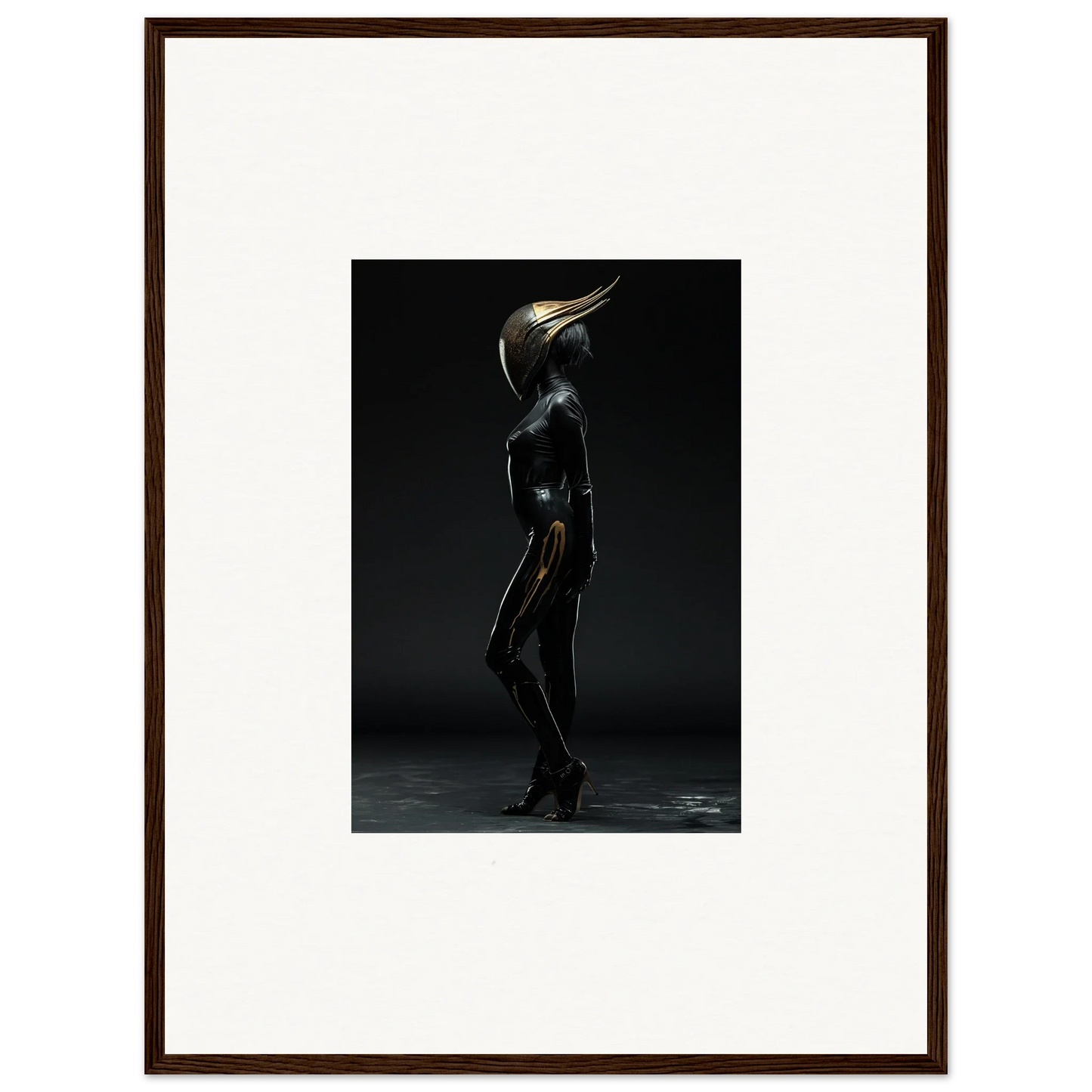 Surreal bird-headed figure in dark metallic finish for unique room decor and framed wall art