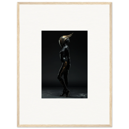 Surreal bird-headed figure in shiny bodysuit for unique room decor and framed wall art