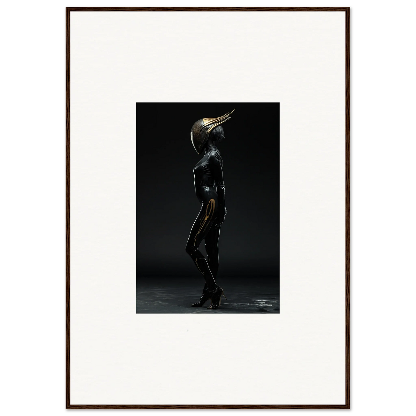 Surreal figure with bird-like metallic head in sleek black body, ideal room decor