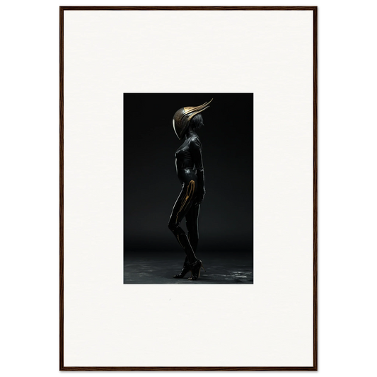 Surreal figure with bird-like metallic head in sleek black body, ideal room decor