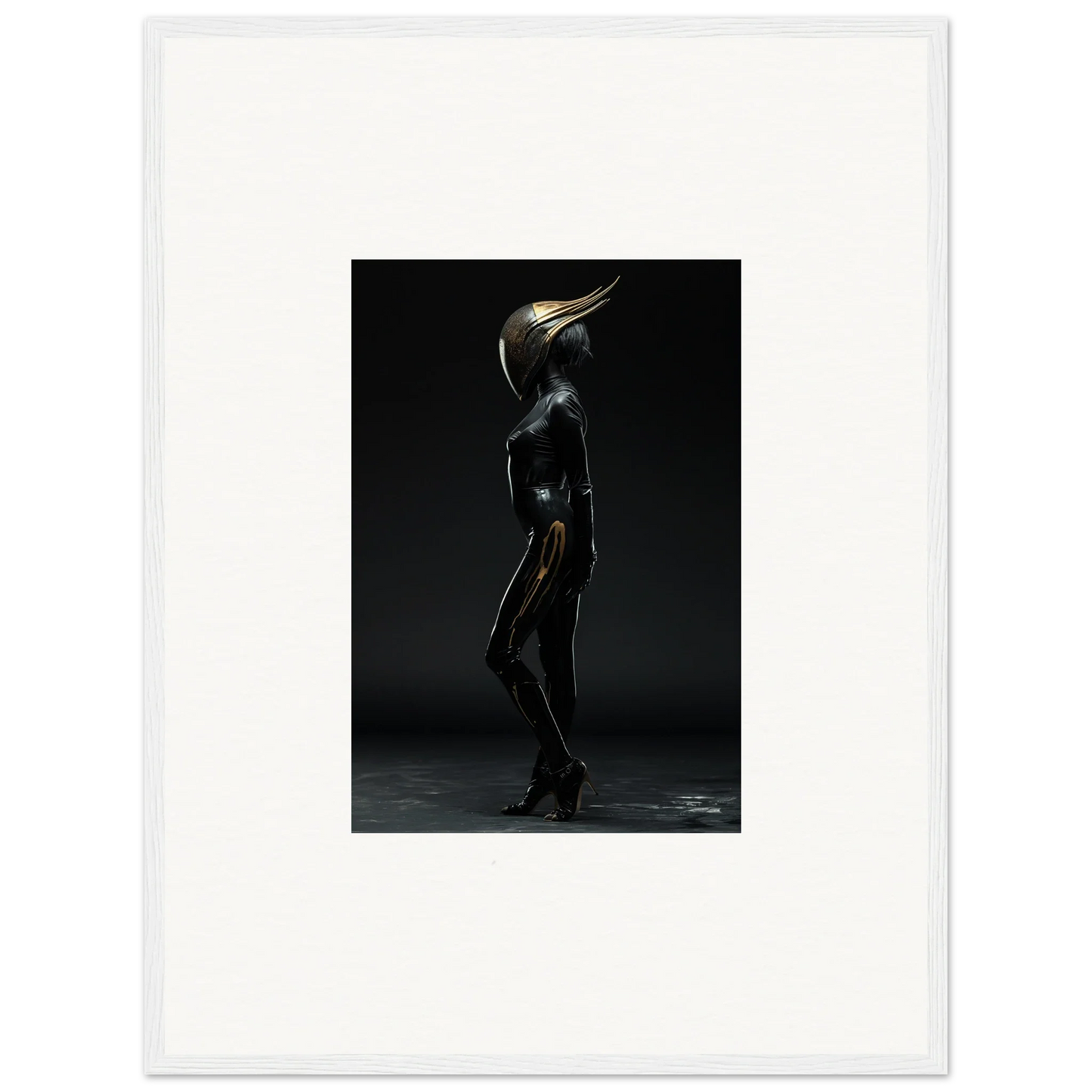 Surreal figure art with metallic bird head, ideal for noise threshold room decor