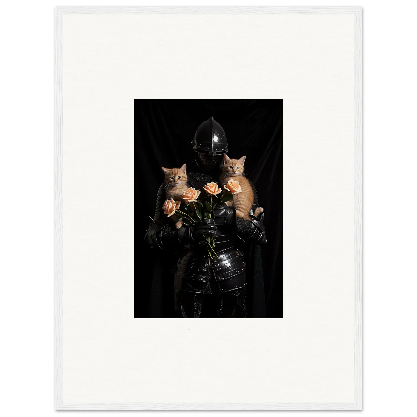 Surreal portrait of a figure in black leather with cats and roses for floral epiphany room decor