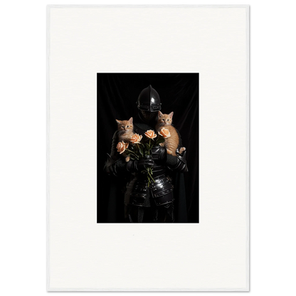 Surreal portrait of leather-clad figure with cat heads, perfect for floral epiphany decor