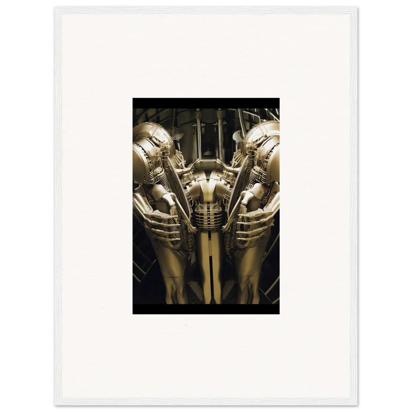 Symmetrical robotic figure in Metal Dreams Ballet for unique room decor and framed wall art