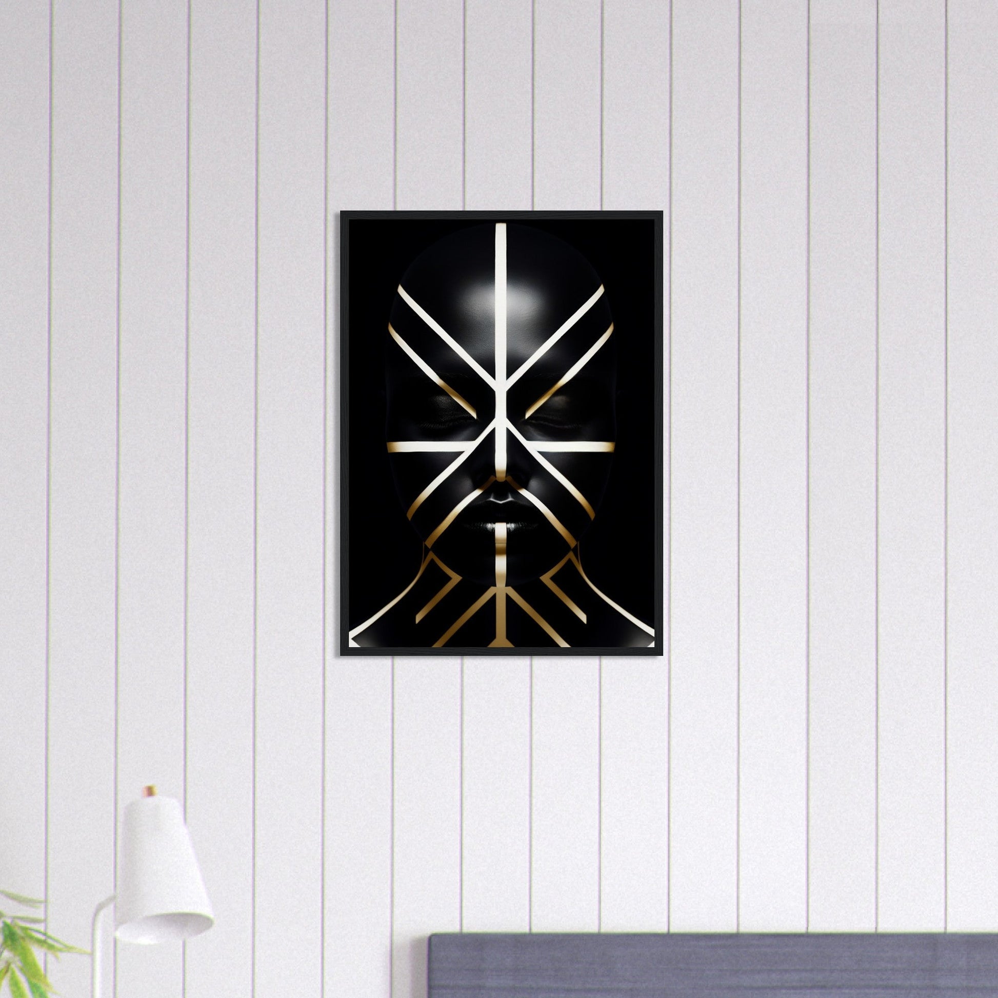 Abstract geometric design featuring intersecting white and gold lines on a black background.