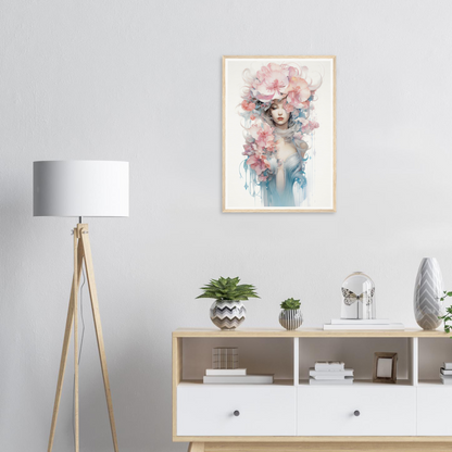 Framed watercolor-style artwork depicting a feminine figure with floral elements.