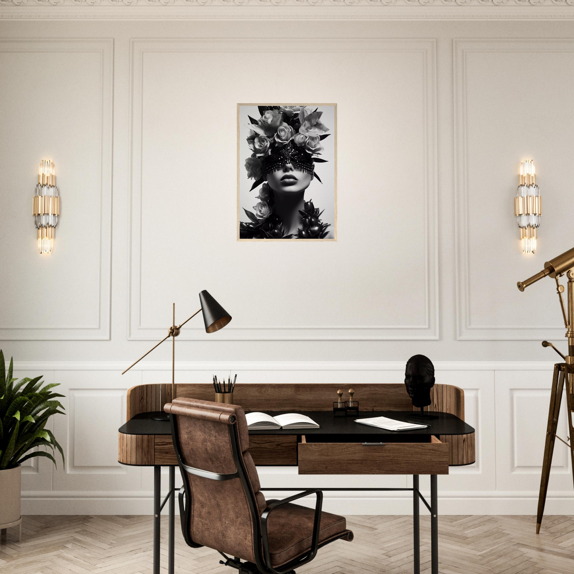 Elegant home office desk with a leather chair and decorative accessories.