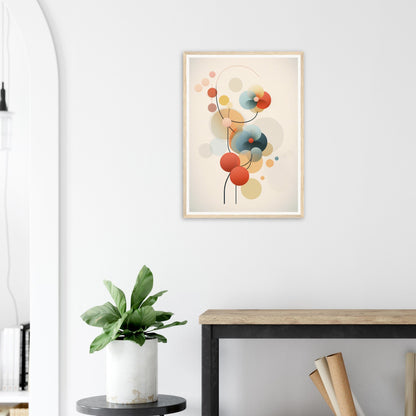 Abstract framed artwork featuring colorful circular shapes connected by thin lines.