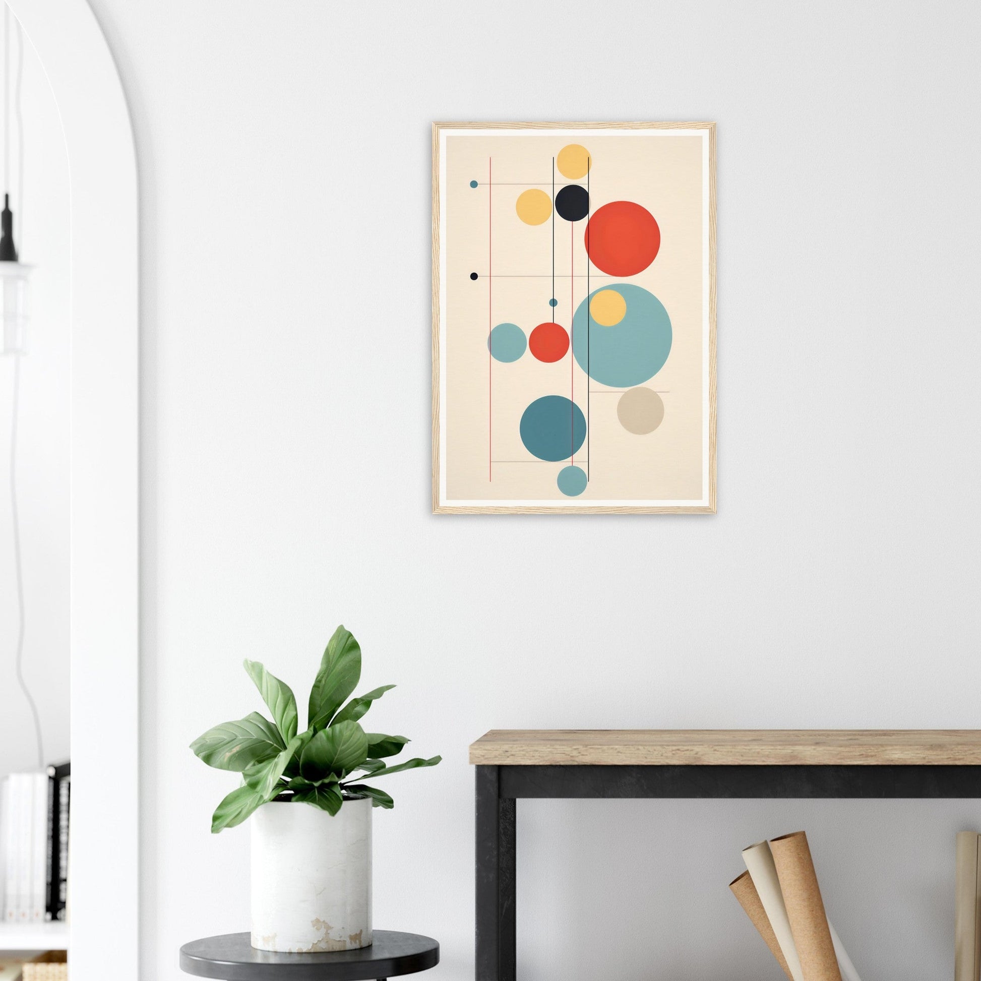 Abstract geometric artwork featuring colorful circles and lines in a minimalist composition.