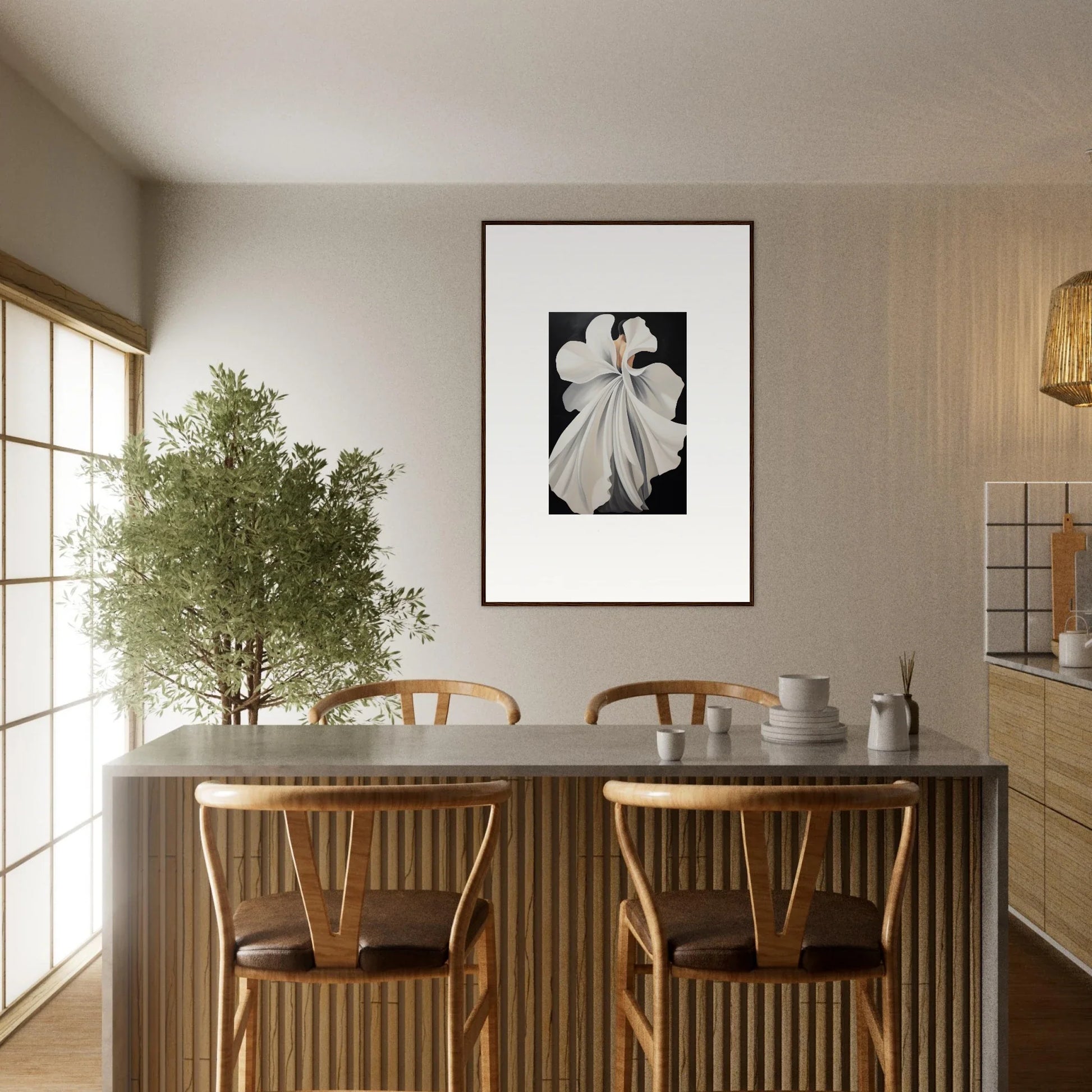 Minimalist interior featuring a dining table, wooden chairs, and canvas waves art