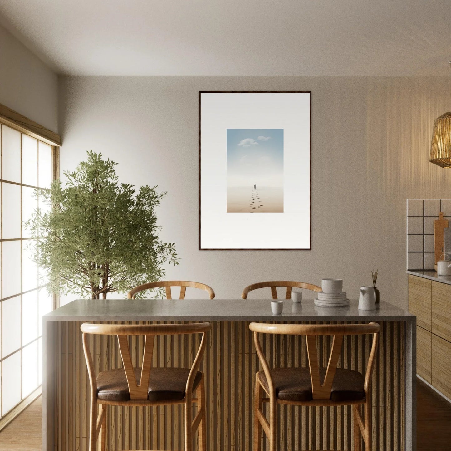 Dining table with wooden chairs and a potted tree, enhancing room decor with Entwined Nostalgia