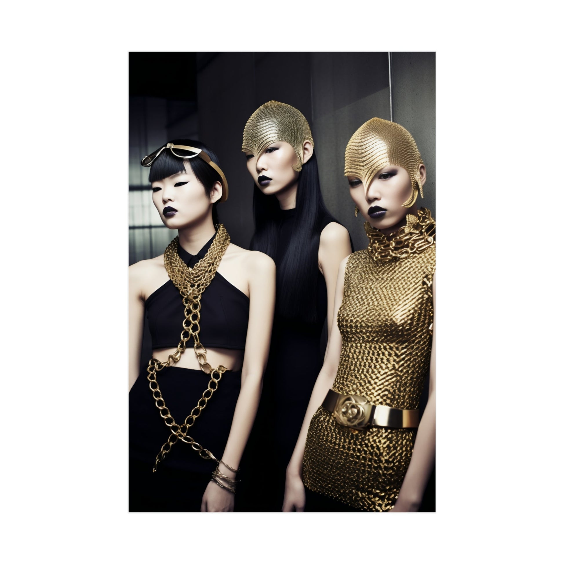 Three women in gold chains and black dresses