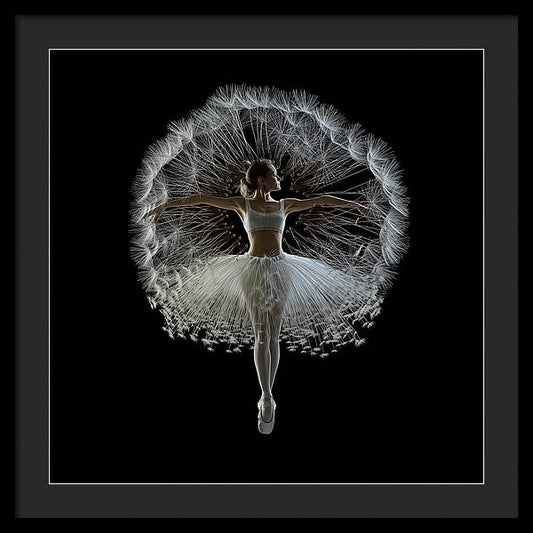A ballerina in a white tutu gracefully posed on a black background, captured in museum-quality frames for Time And Ballet Dancer - Framed Prints.