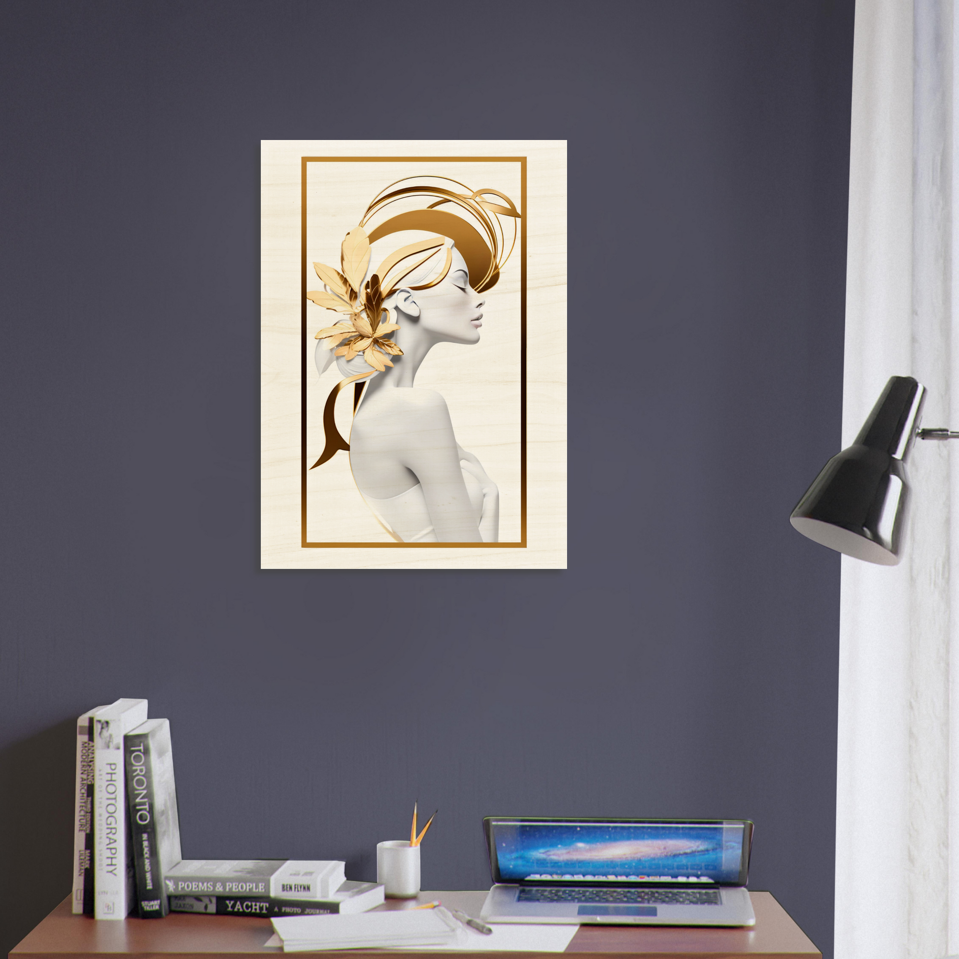 A high quality Art Deco Gold D - Wood Prints with a woman with gold hair and flowers for my wall.