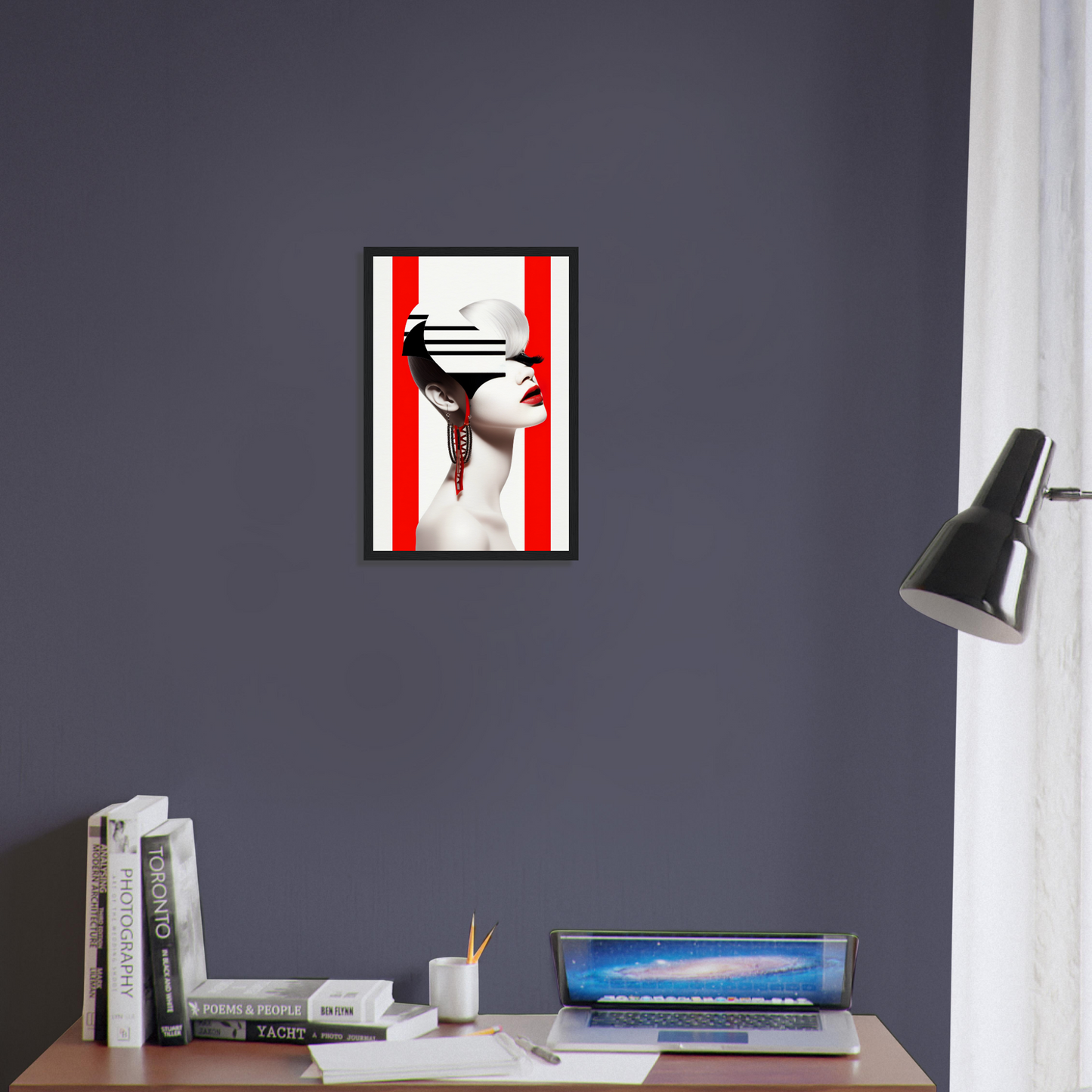 A high-quality Deep Dive The Oracle Windows™ Collection for my wall featuring a portrait of a woman with red and white stripes on her face. This artwork will transform your space.