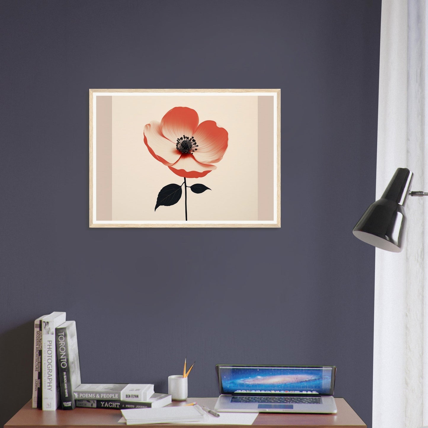 Framed artwork of a single red poppy flower against a light background.