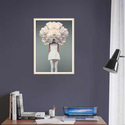 Framed artwork depicting a figure with an oversized white floral headdress obscuring their face and upper body.