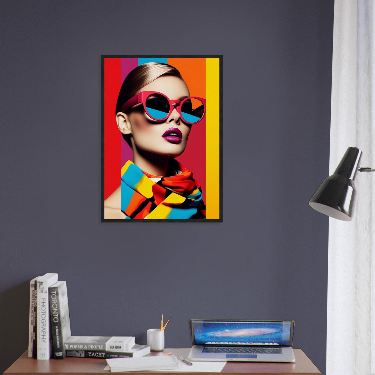 Vibrant pop art-style portrait of a woman wearing colorful sunglasses and lipstick against a bold background.