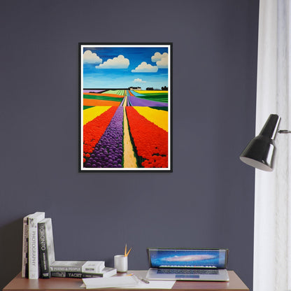 Vibrant painting of colorful tulip fields stretching towards the horizon under a blue sky with white clouds.