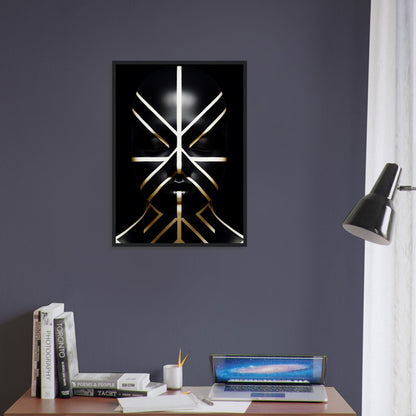 Abstract geometric artwork featuring intersecting gold and white lines on a black background.