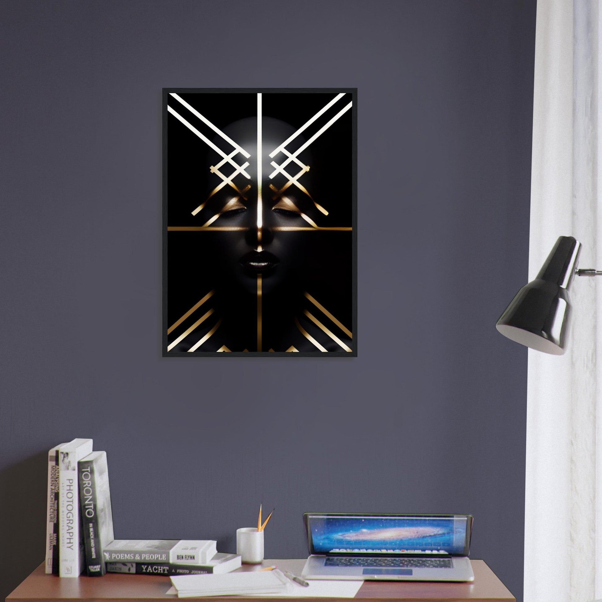 Abstract geometric wall art featuring intersecting illuminated lines on a black background.