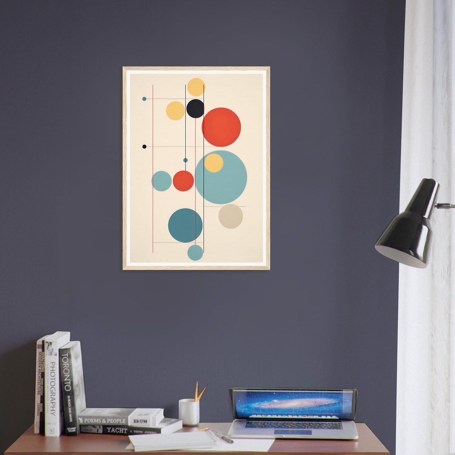 Abstract geometric artwork featuring colorful circles and shapes connected by thin lines.