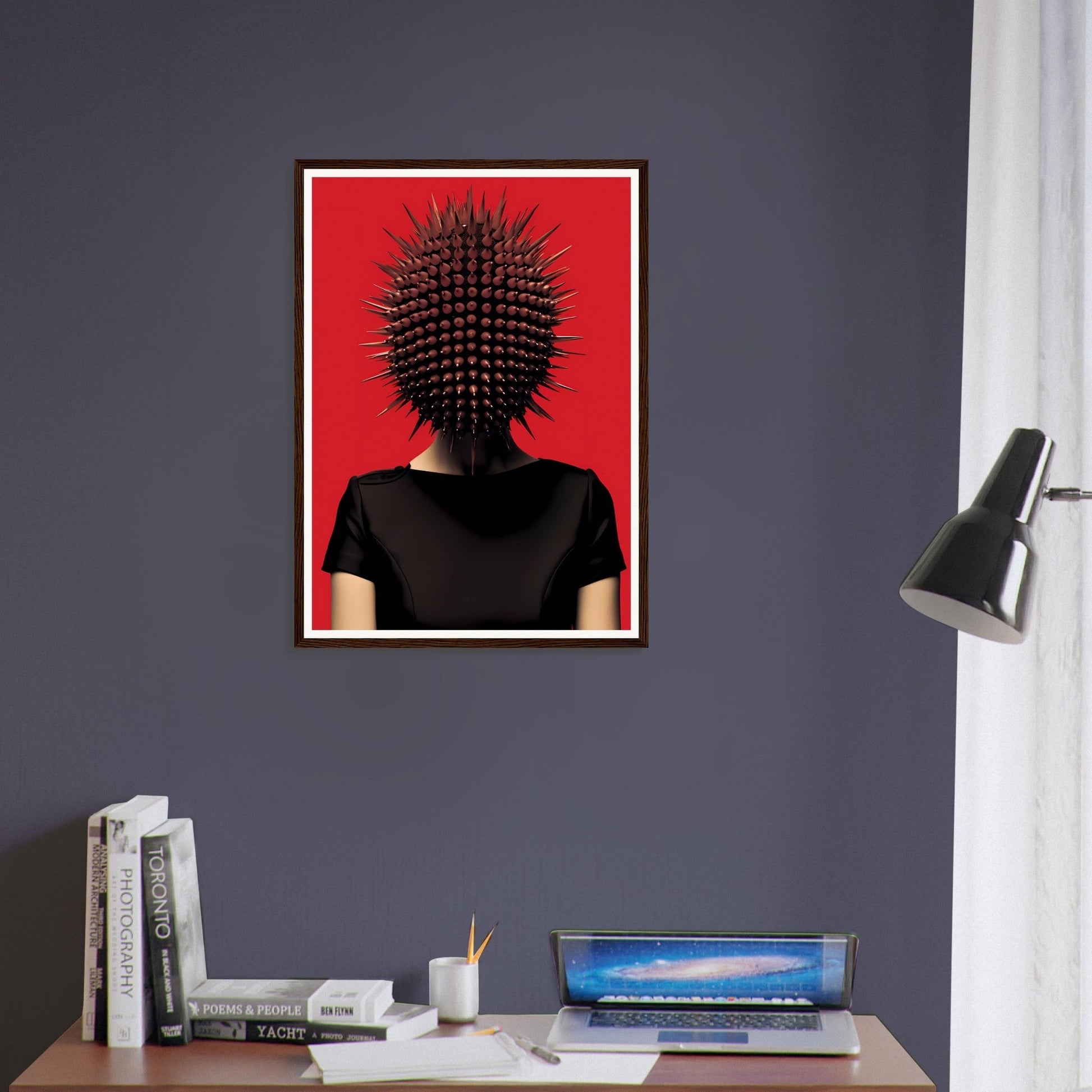 Surrealist artwork depicting a figure with a spiky, spherical head against a bright red background.