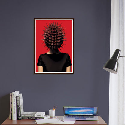 Surrealist artwork depicting a figure with a spiky, spherical head against a bright red background.