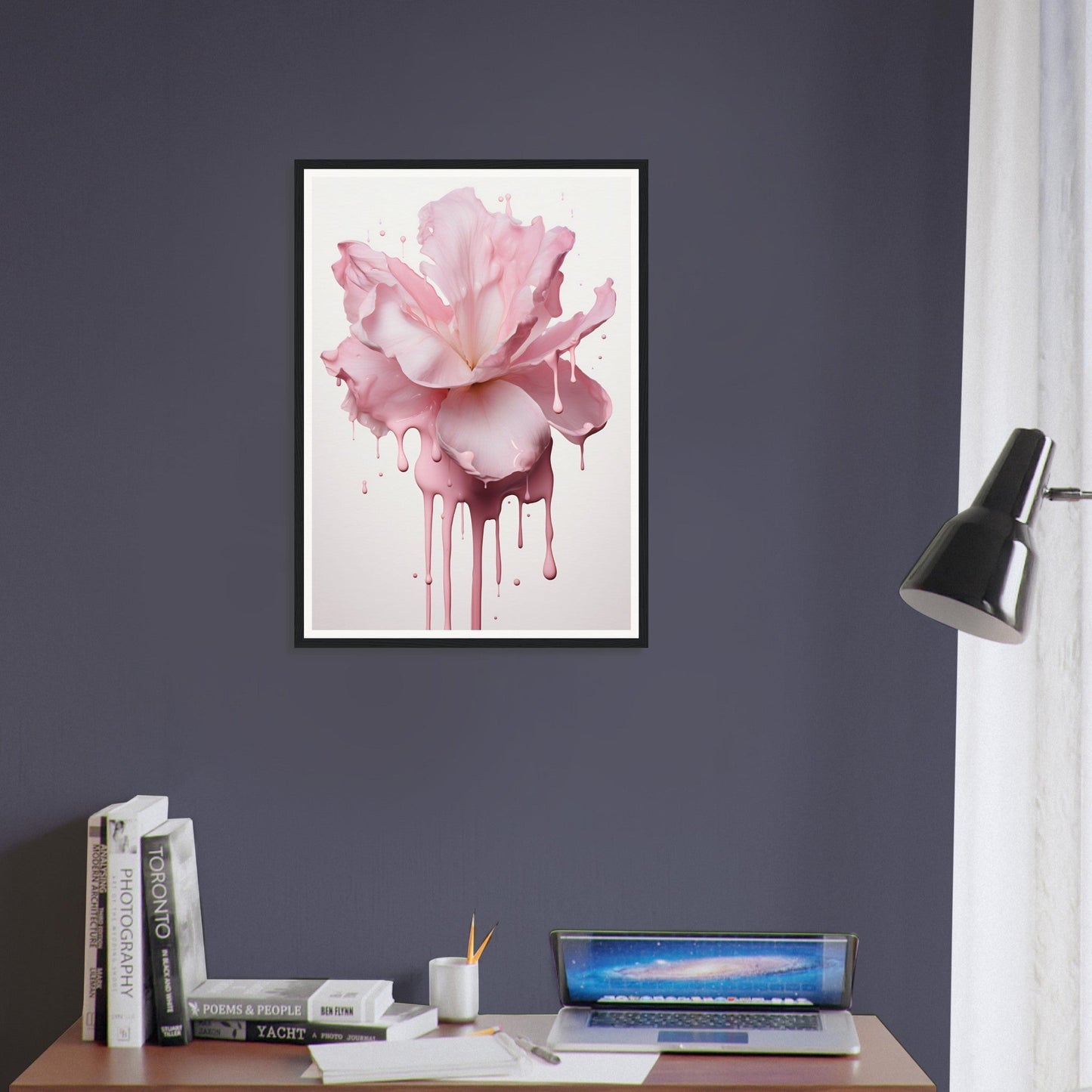 Framed artwork of a pink rose with dripping paint effect.